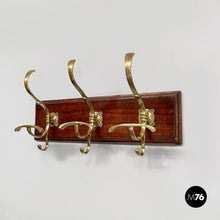 将图片加载到图库查看器，Wall coat rack in wood and brass, 1920s
