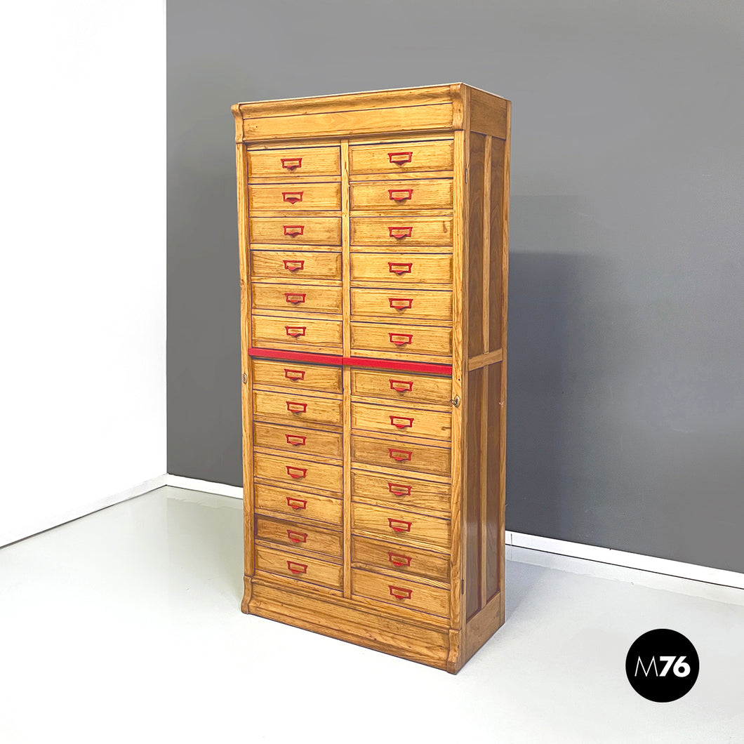 Office filing cabinet in wood and red metal, 1940s