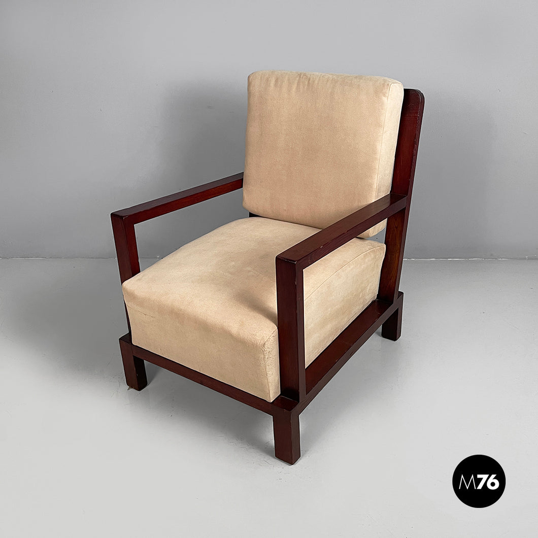 Armchair in wood and beige fabric, 1930s