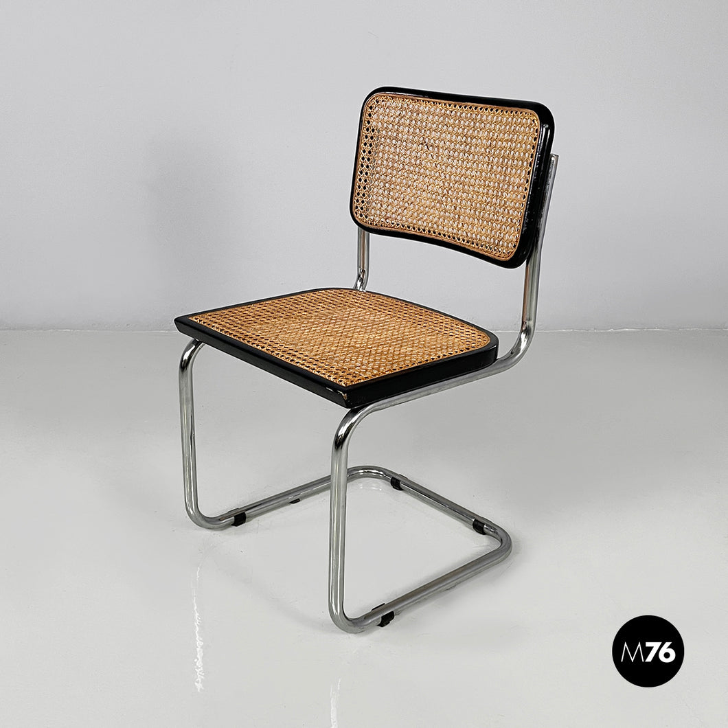Chair in black wood, straw and steel, 1960s