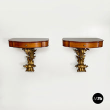 Load image into Gallery viewer, Bedside tables in golden finish wood, brass and glass, 1900s
