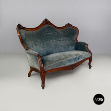 将图片加载到图库查看器，Sofa in light blue velvet and wood, 1930s
