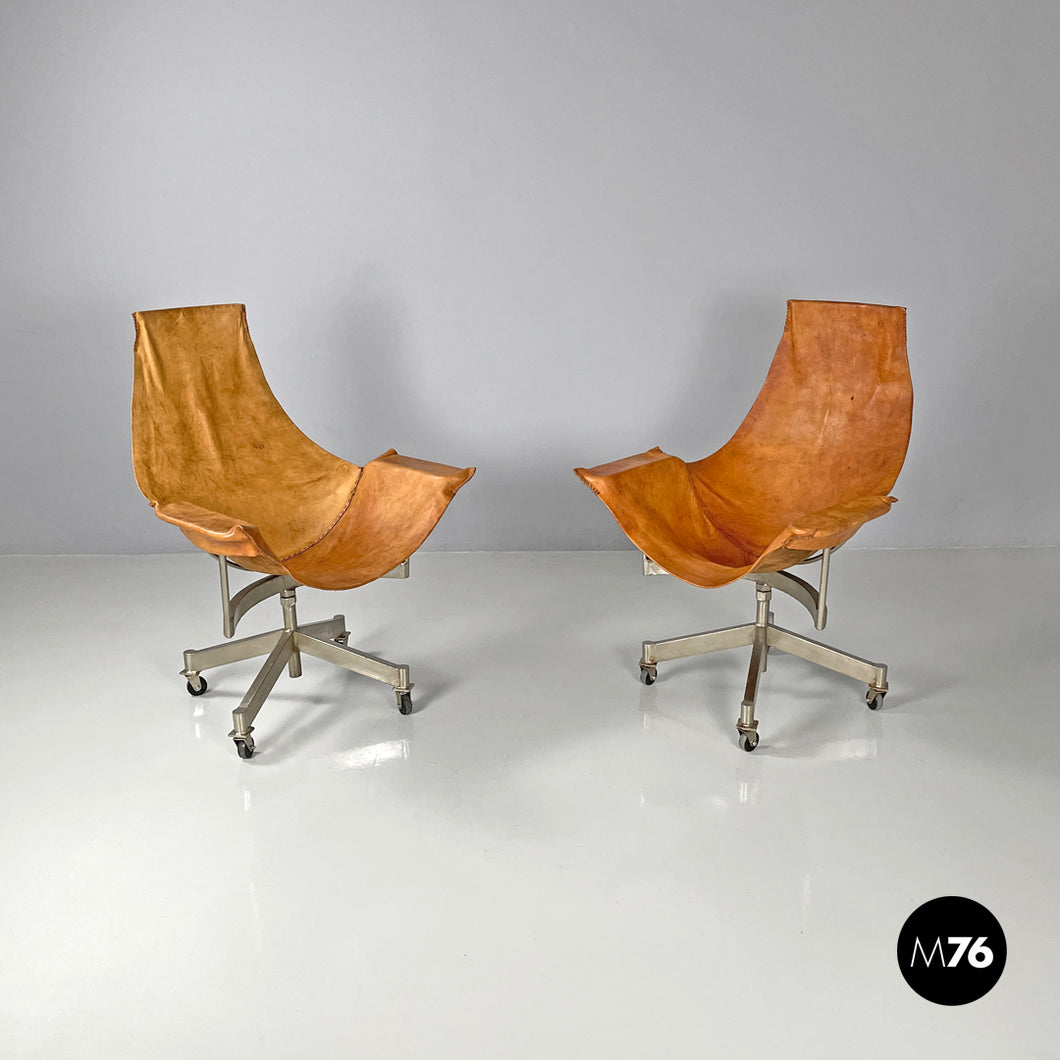 Brown leather swivel chairs with wheels, 1950s