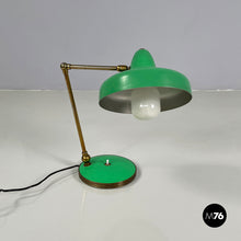 Charger l&#39;image dans la galerie, Adjustable table lamp in green metal and brass, 1950s
