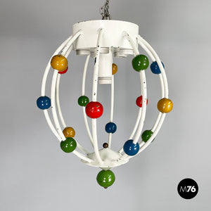 White iron chandelier with colored spheres, 1940s