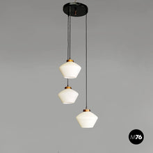 将图片加载到图库查看器，Three-light chandelier in glass and black metal, 1950s
