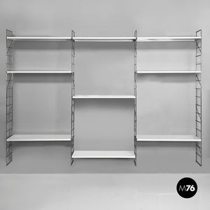 Modular wall bookcase in white metal and steel, 1980s