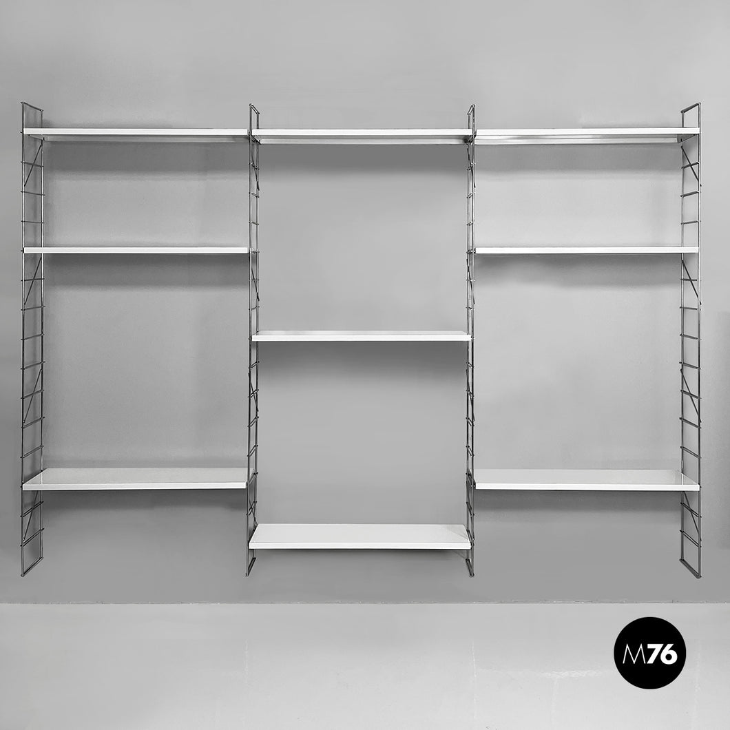 Modular wall bookcase in white metal and steel, 1980s