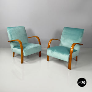 Armchairs in light blue and wood, 1950s