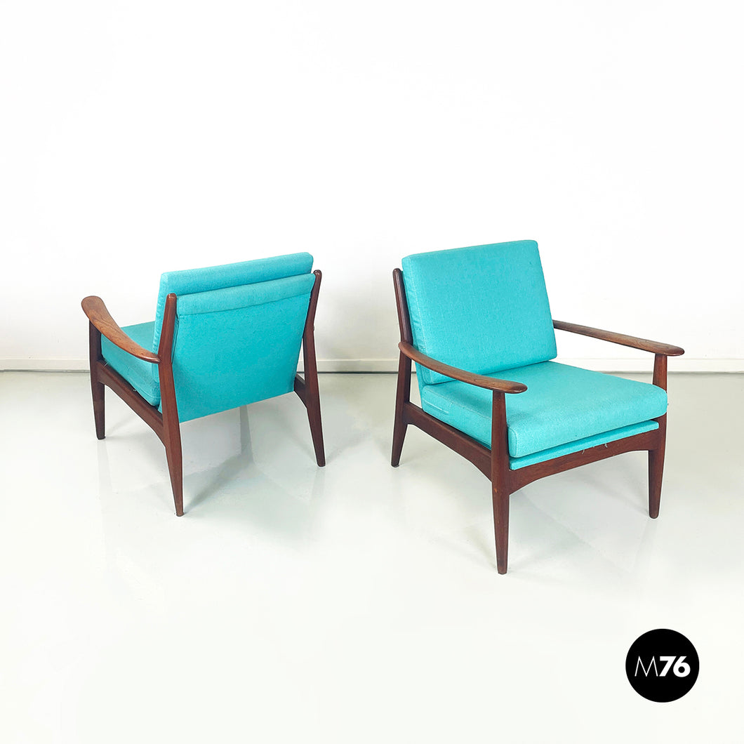 Armchairs in light blue fabric and wood, 1960s