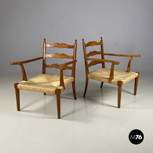 将图片加载到图库查看器，Armchairs in woven straw and wood, 1940s
