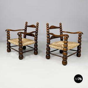 Armchairs in wood and straw, 1960s