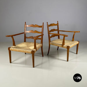 Armchairs in woven straw and wood, 1940s