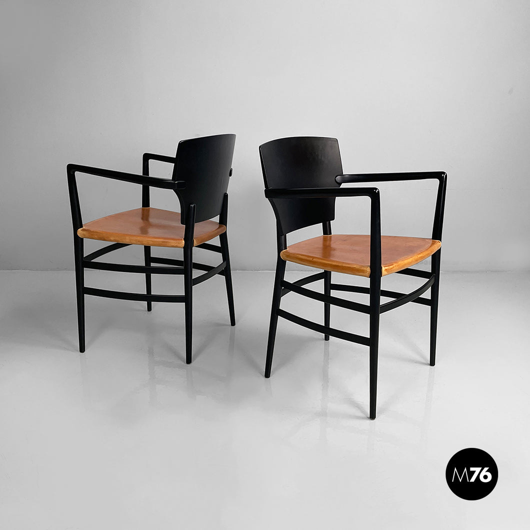 Chairs in black wood and brown leather, 1980s