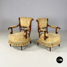 Charger l&#39;image dans la galerie, Armchairs in wood and yellow fabric, end of 1800s
