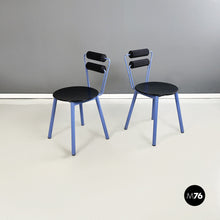 Load image into Gallery viewer, Chairs in blue metal, black wood and black rubber, 1980s
