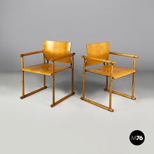Load image into Gallery viewer, Chairs with armrests in wood and black metal, 1970s
