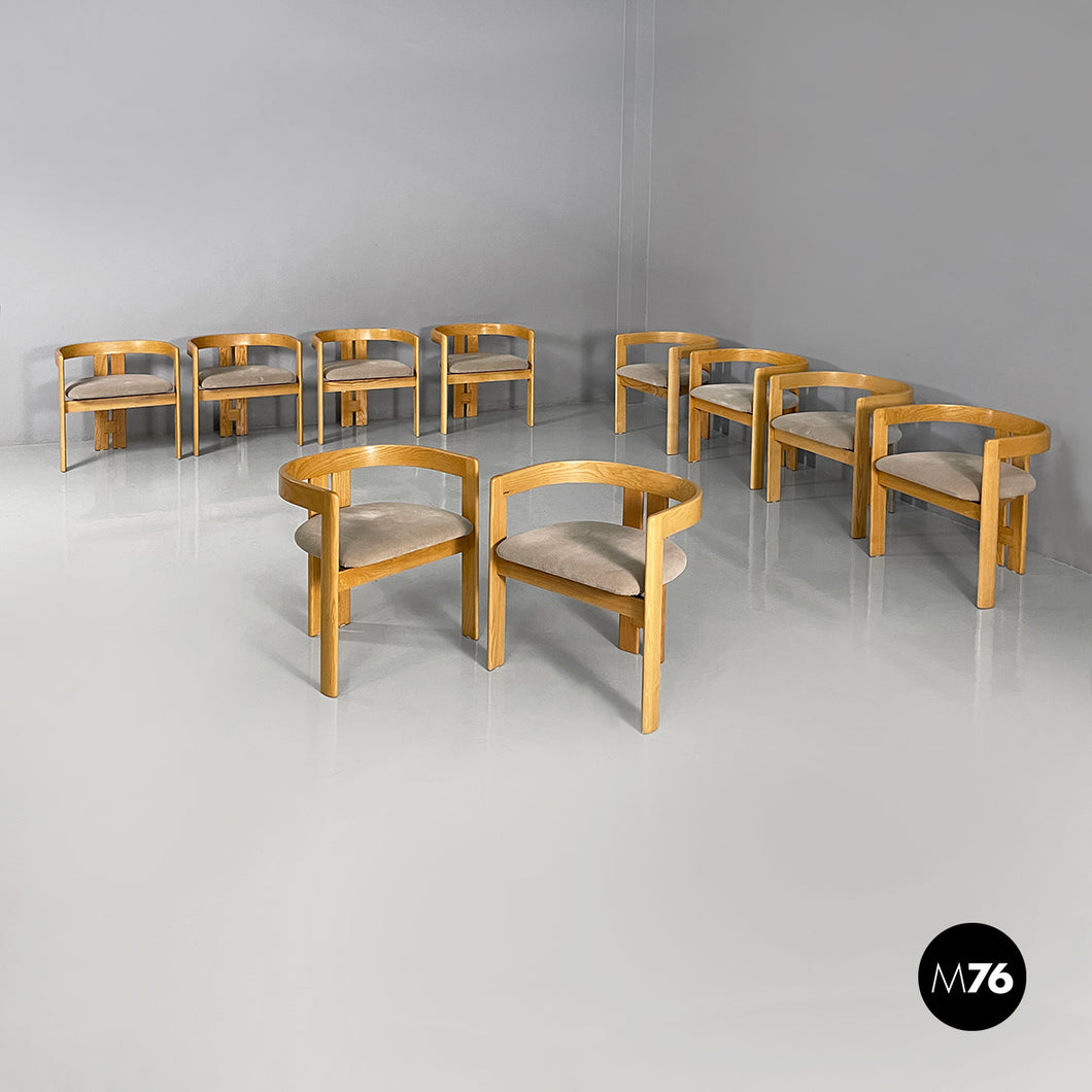 Tub chairs in wood and beige velvet, 1980s