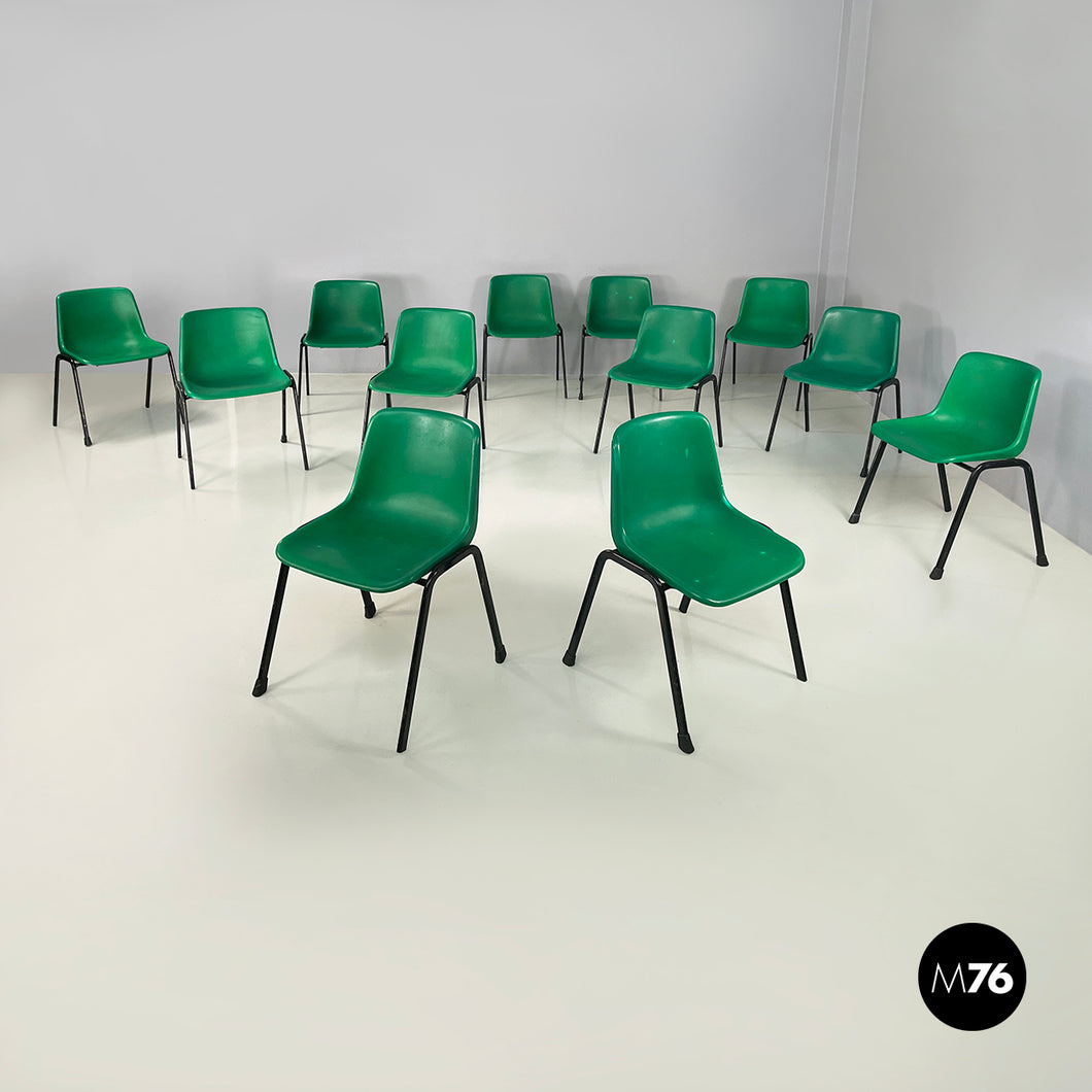Stackable chairs in green plastic and black metal, 2000s