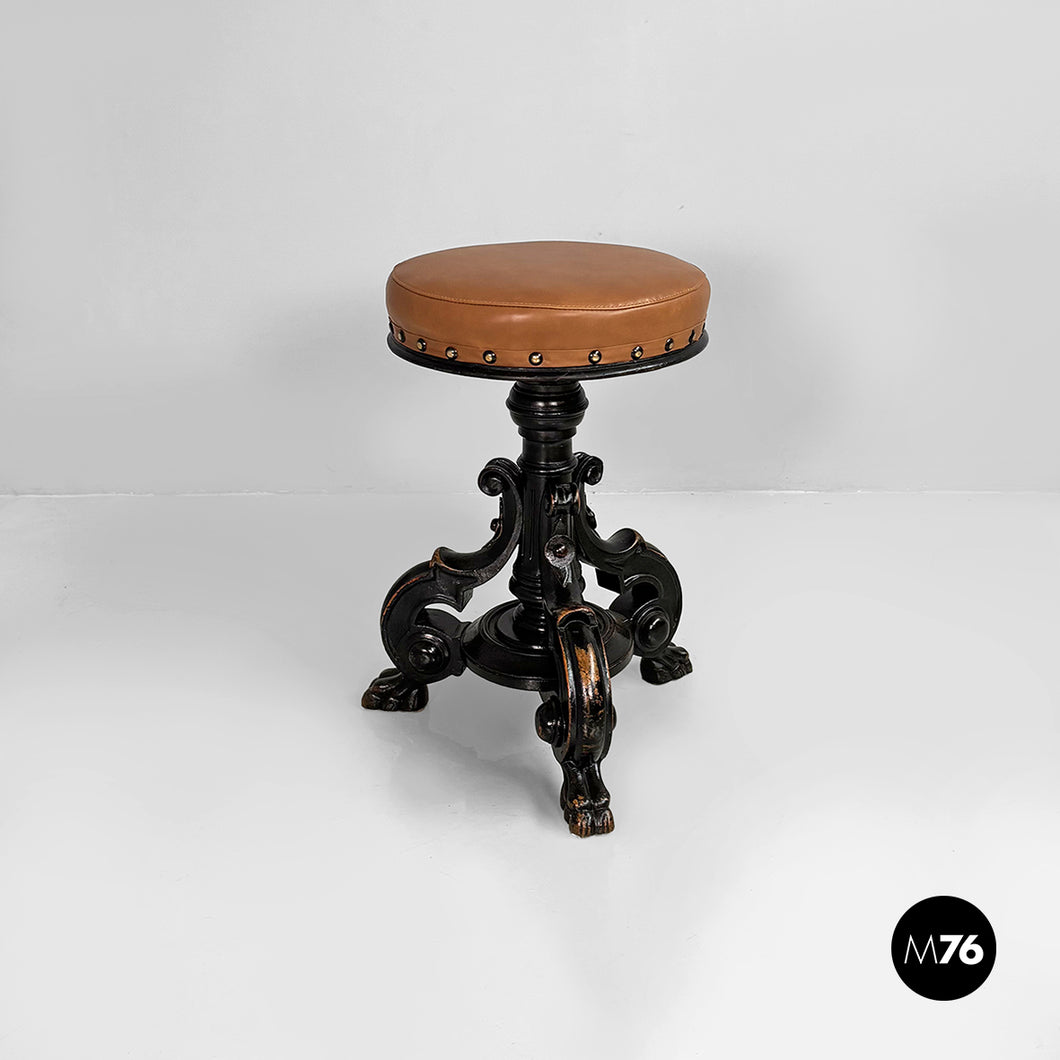 Stool in wood and brown leather, 1930s