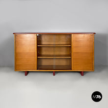 画像をギャラリービューアに読み込む, Sideboard in wood, glass and burgundy leather, 1960s
