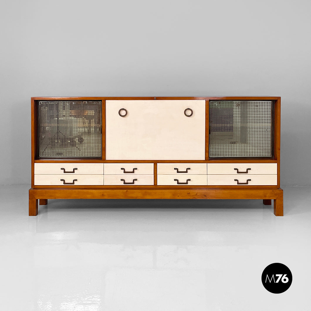 Sideboard in wood, brass and glass, 1940s