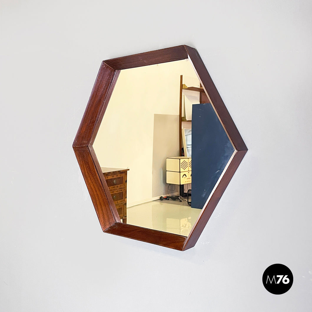 Hexagonal wall mirror with wooden frame, 1960s