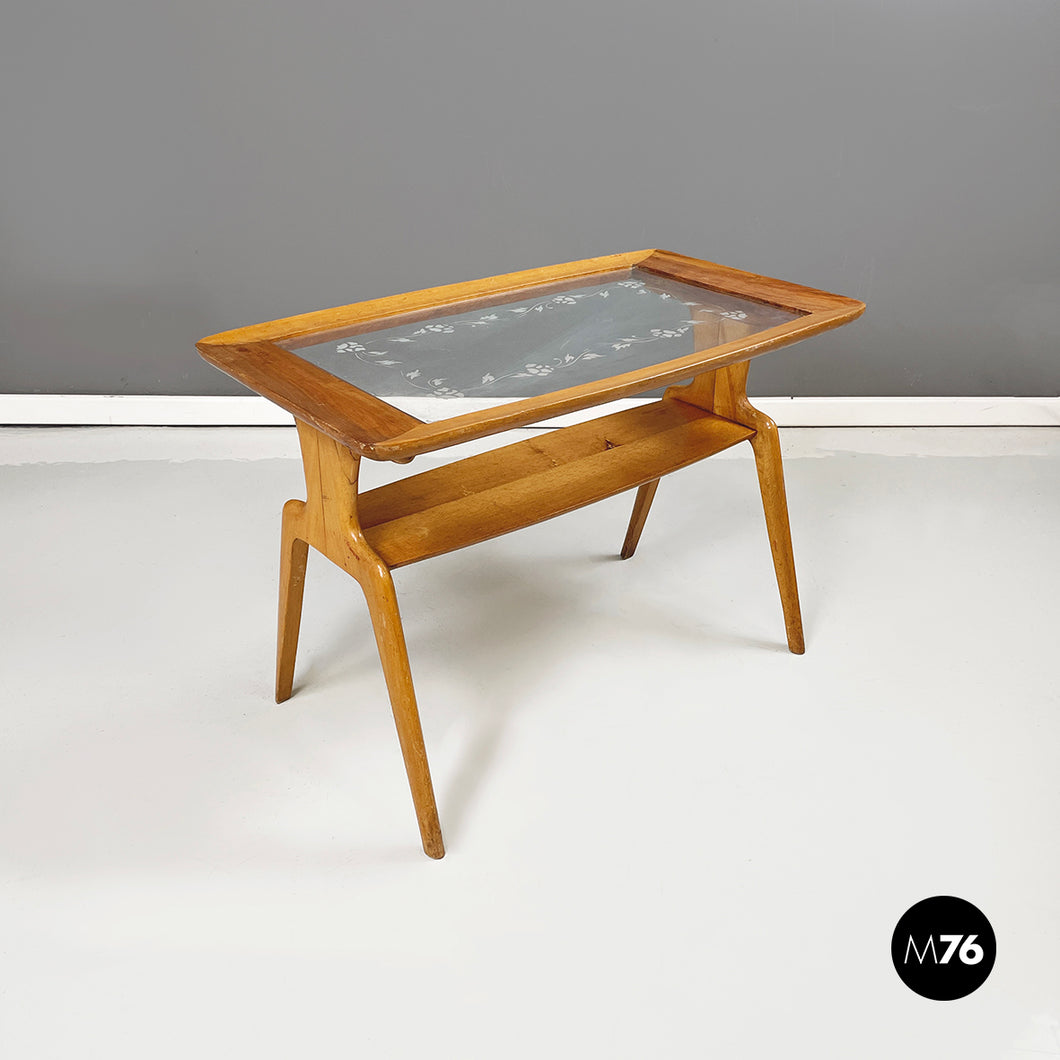 Coffee table in wood and decorated glass, 1950s