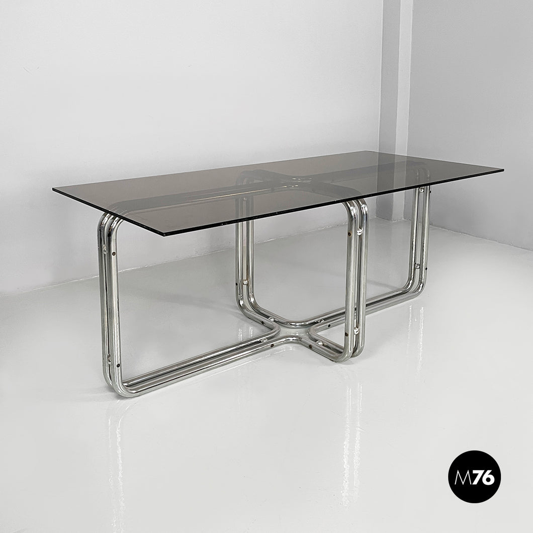 Dining table in smoked glass and steel, 1970s