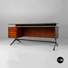 将图片加载到图库查看器，Desk in wood, black metal and brass, 1960s
