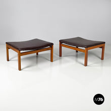 Load image into Gallery viewer, Poufs in brown leather and wood, 1960s
