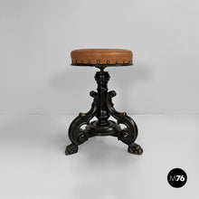 Load image into Gallery viewer, Stool in wood and brown leather, 1930s
