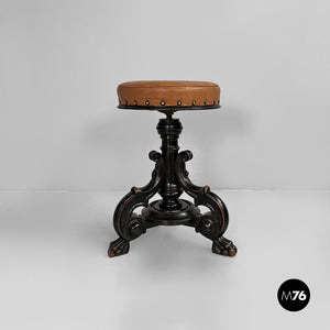 Stool in wood and brown leather, 1930s