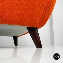 画像をギャラリービューアに読み込む, Armchair with orange fabric and wood, 1950s
