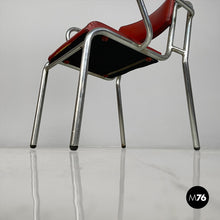 画像をギャラリービューアに読み込む, Chairs in metal and red faux leather, 1930s
