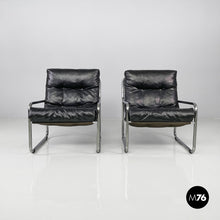 Load image into Gallery viewer, Armchairs in metal and black synthetic leather, 1970s

