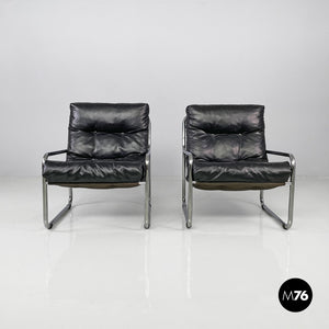 Armchairs in metal and black synthetic leather, 1970s