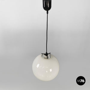 Round white glass chandelier, 1950s