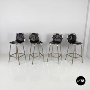 Stools in metal and black leather, 1970s
