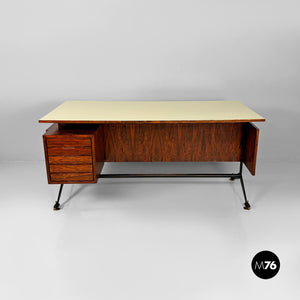 Desk in wood, black metal and brass, 1960s