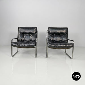 Armchairs in metal and black synthetic leather, 1970s