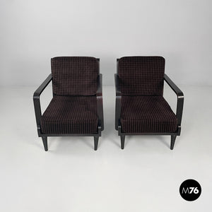 Armchairs in wood and brown velvet, 1940s