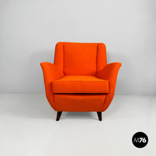 画像をギャラリービューアに読み込む, Armchair with orange fabric and wood, 1950s
