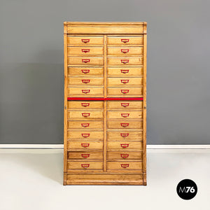 Office filing cabinet in wood and red metal, 1940s