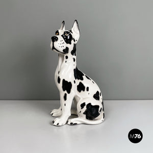 Black and white ceramic sculpture of Harlequin Great Dane dog, 1980s