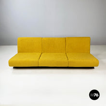 Load image into Gallery viewer, Three-seater sofa in yellow fabric and black wood, 1970s
