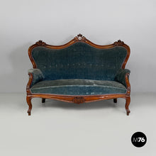 将图片加载到图库查看器，Sofa in light blue velvet and wood, 1930s
