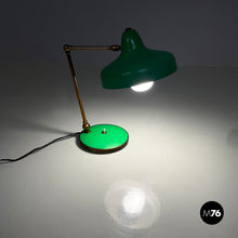 Charger l&#39;image dans la galerie, Adjustable table lamp in green metal and brass, 1950s
