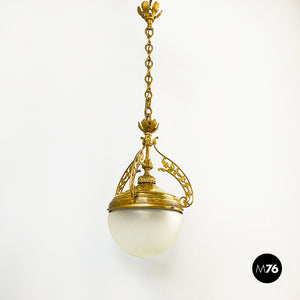 Chandelier in molded satin glass and brass, early 1900s