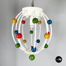 Load image into Gallery viewer, White iron chandelier with colored spheres, 1940s
